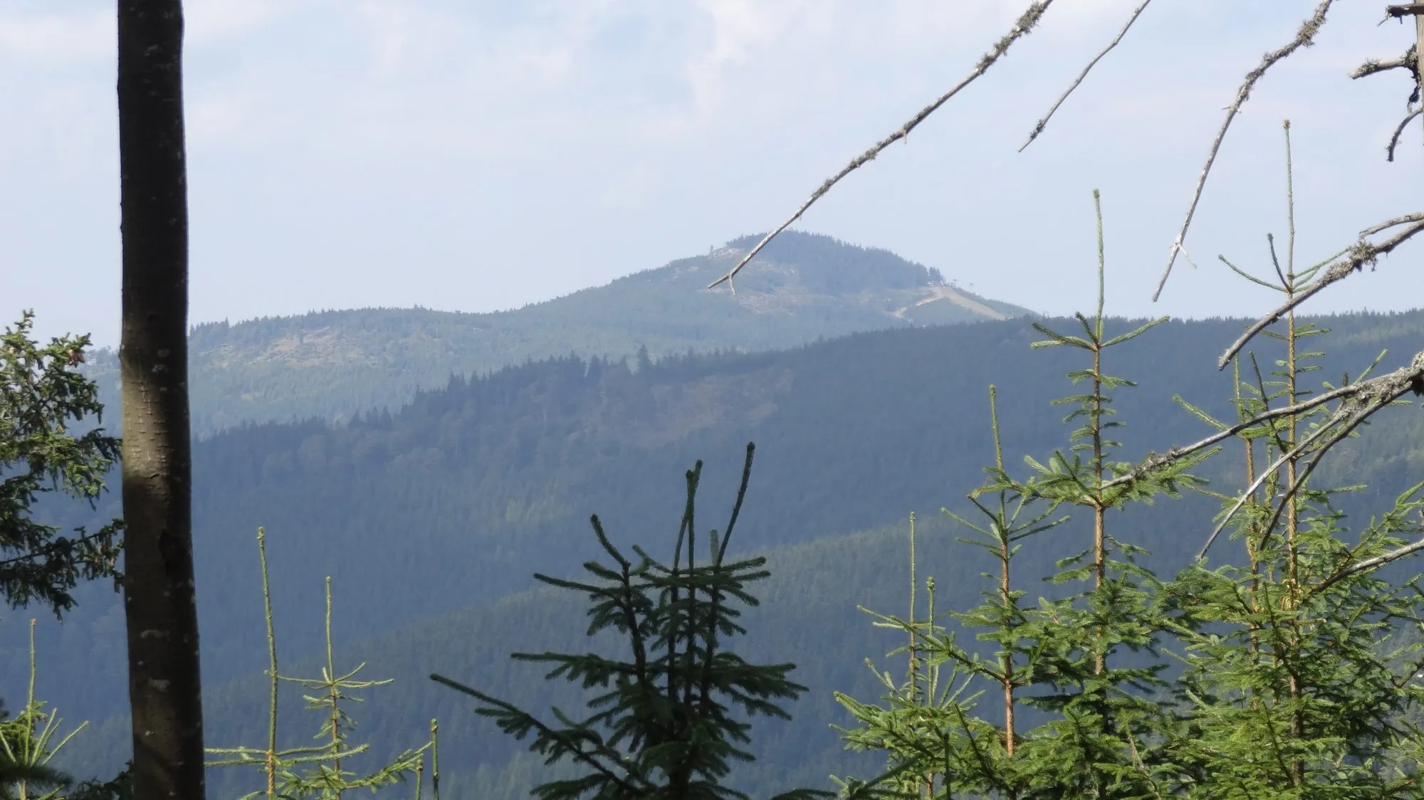 Widok z lasu na szlaku z Kletna
