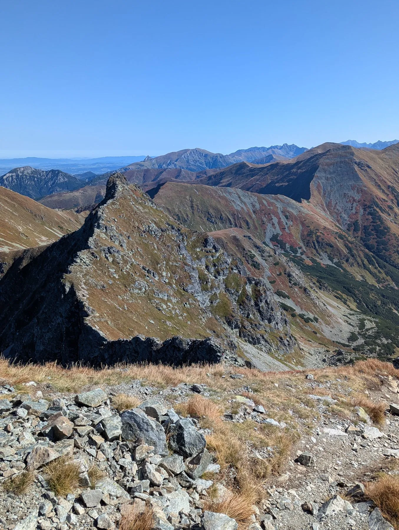 Rohacz Ostry z wierzchołka Rohacza Płaczliwego, w tle Tatry Wysokie
